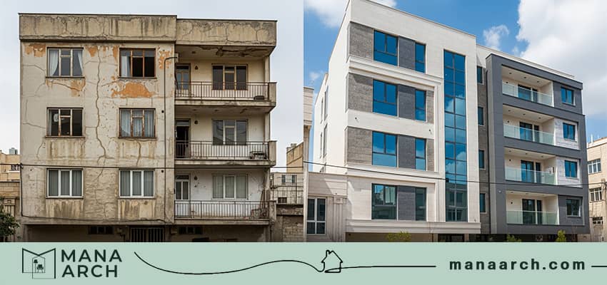 قبل و بعد بازسازی ساختمان در غرب تهران