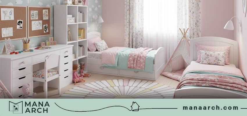 دکوراسیون اتاق خواب دخترانه ساده و شیک دونفره